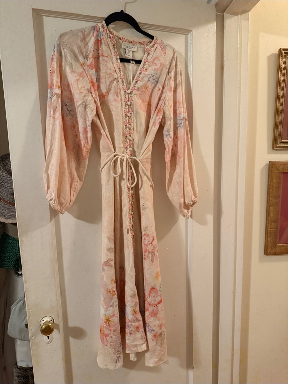 Calypso St. Barth Pink Cream Floral linen blend Tie-Waist Maxi Dress NWT